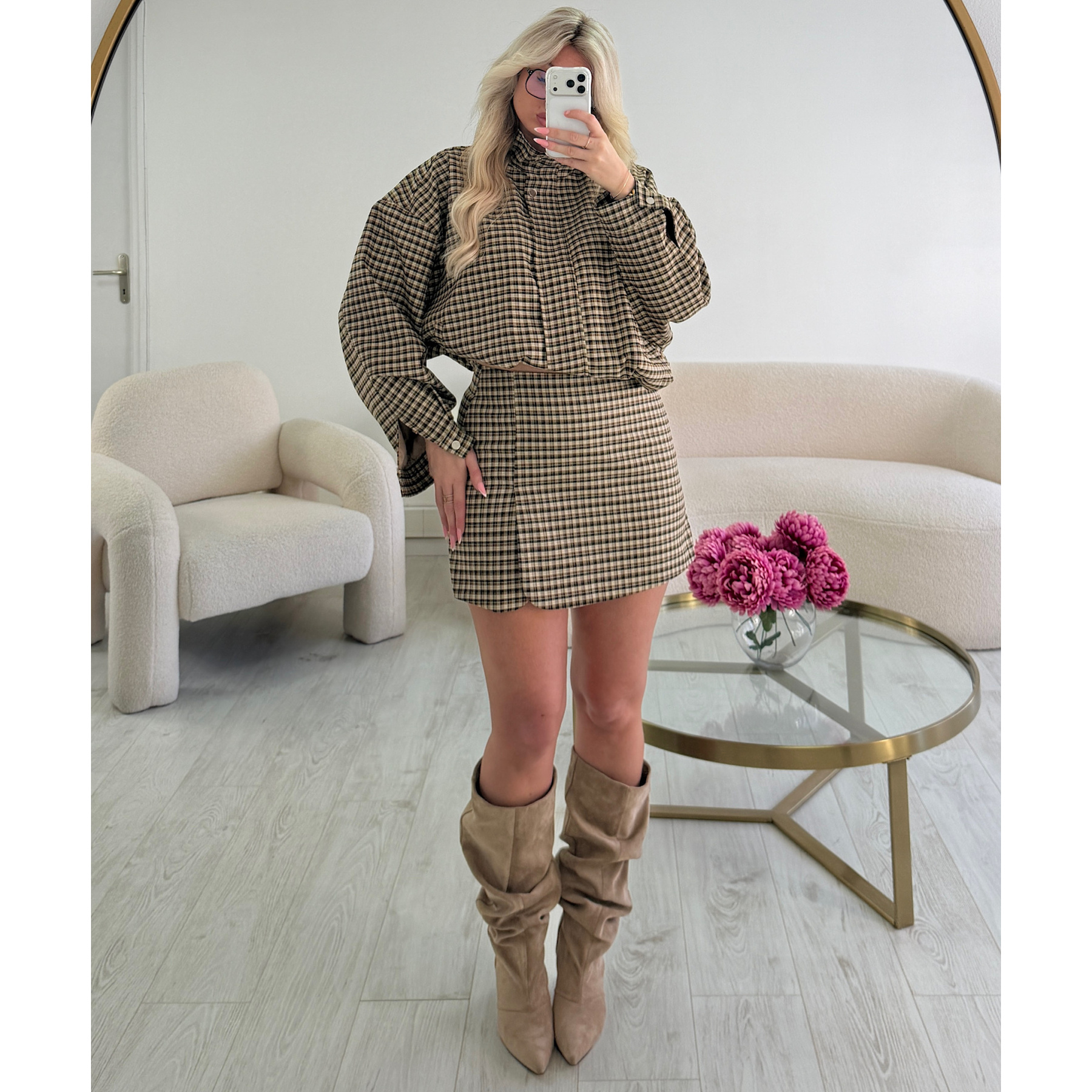 Ensemble bombers carreaux camel   - DRESS DESIREE