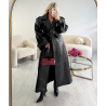 Long black faux crocodile-effect trench coat