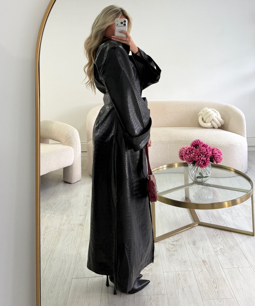 Long black faux crocodile-effect trench coat
