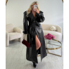 Long black faux crocodile-effect trench coat