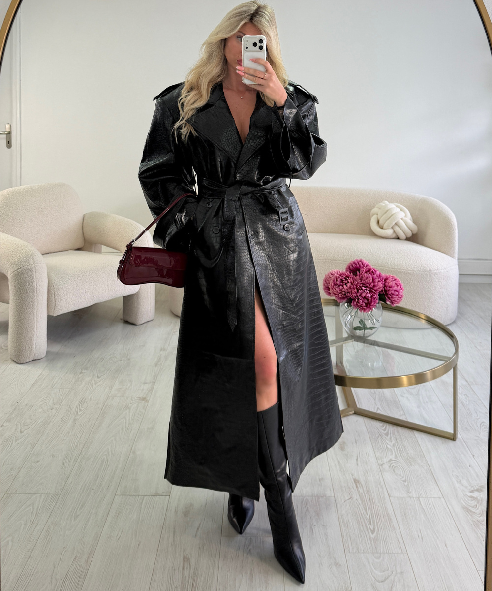 Long black faux crocodile-effect trench coat