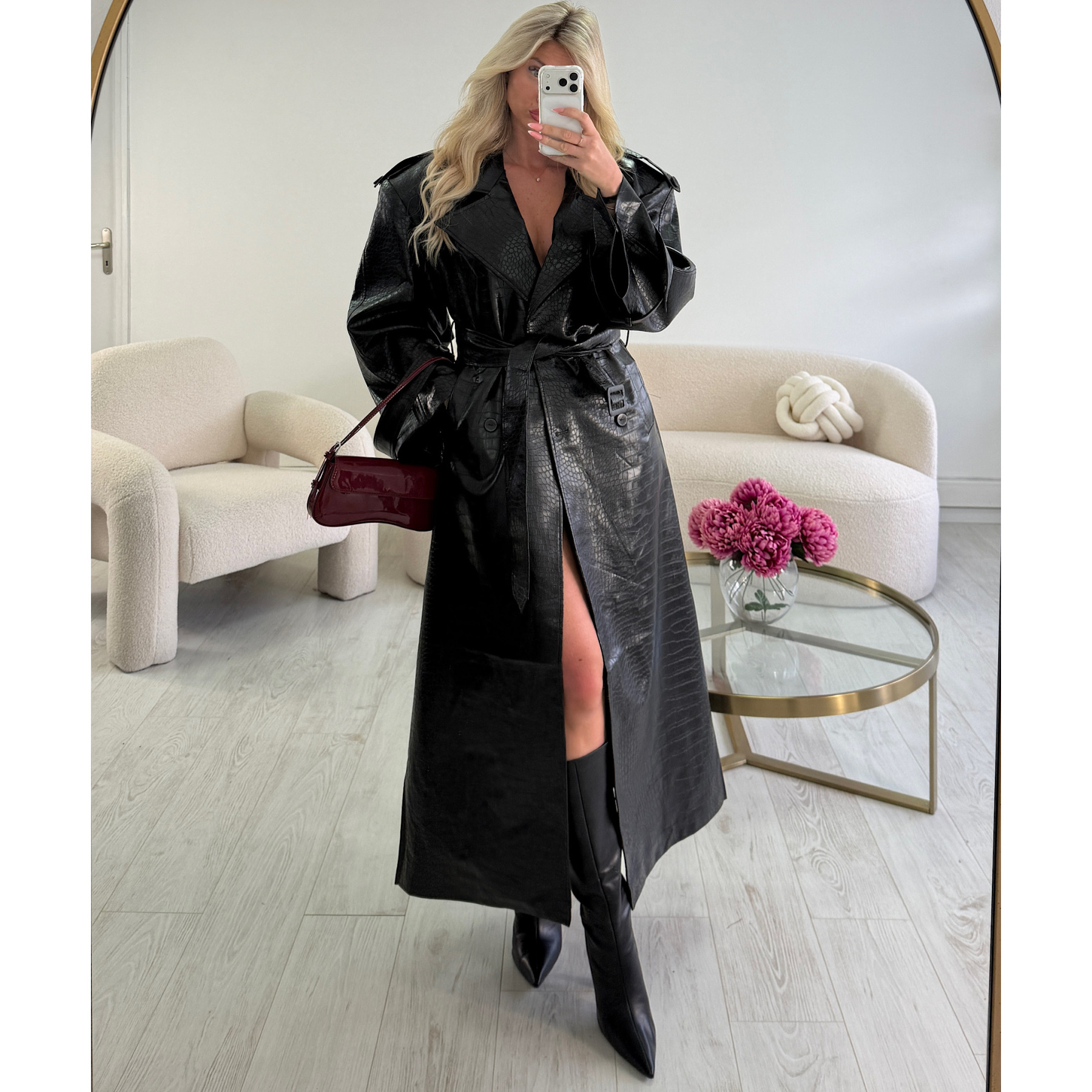 Long black faux crocodile-effect trench coat