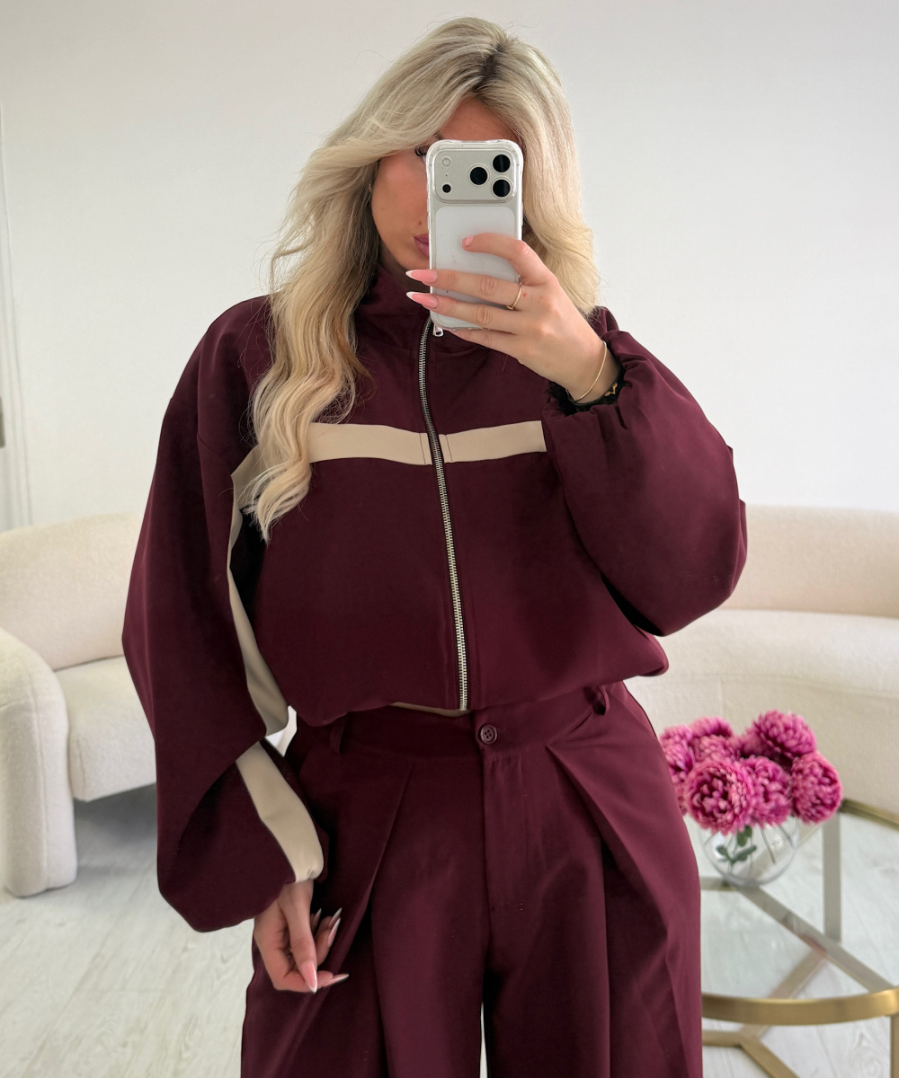 Casual bomber jackets with burgundy trim