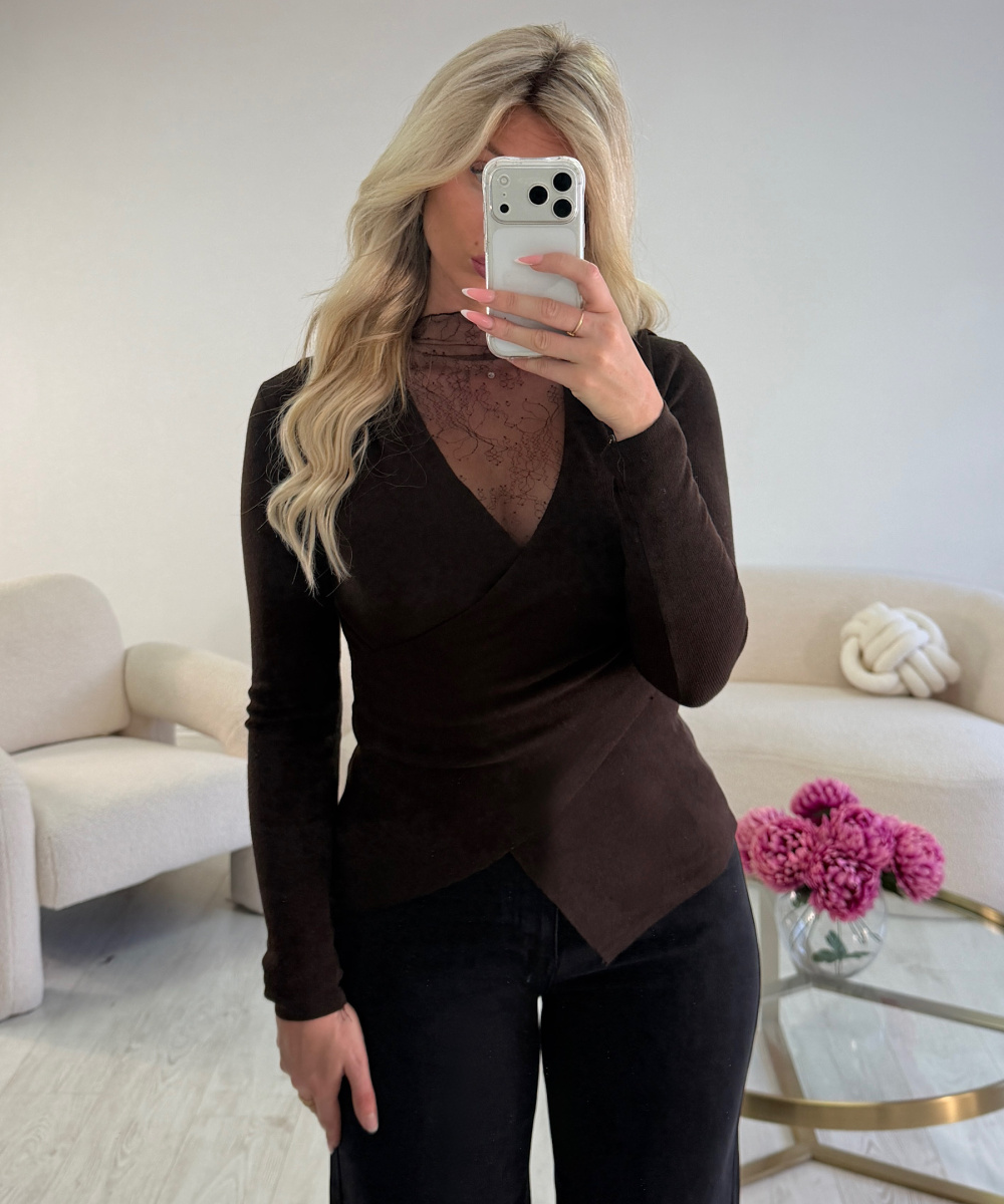 Pull marron dentelle cintré - DRESS DESIREE