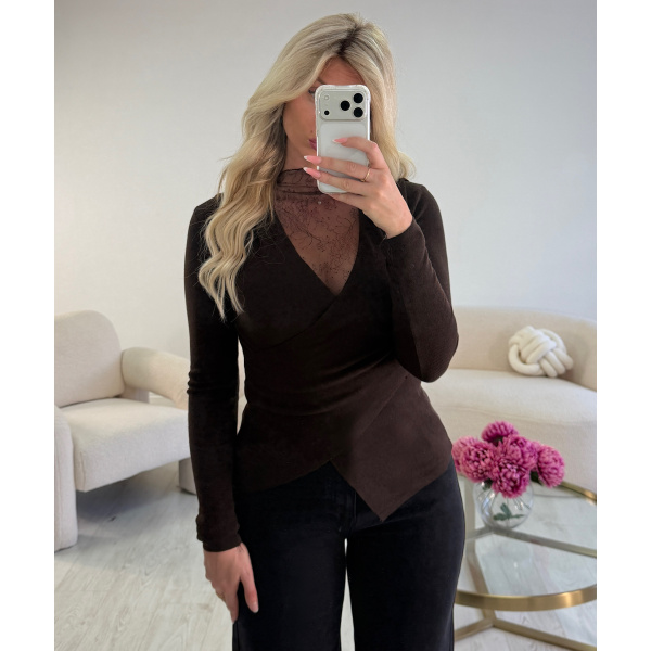 Pull marron dentelle cintré - DRESS DESIREE