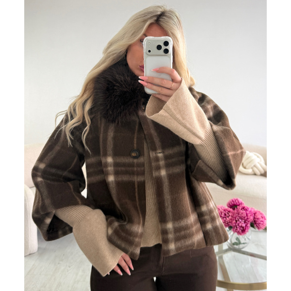 Chocolate/beige checked fur coat - DRESS DESIREE