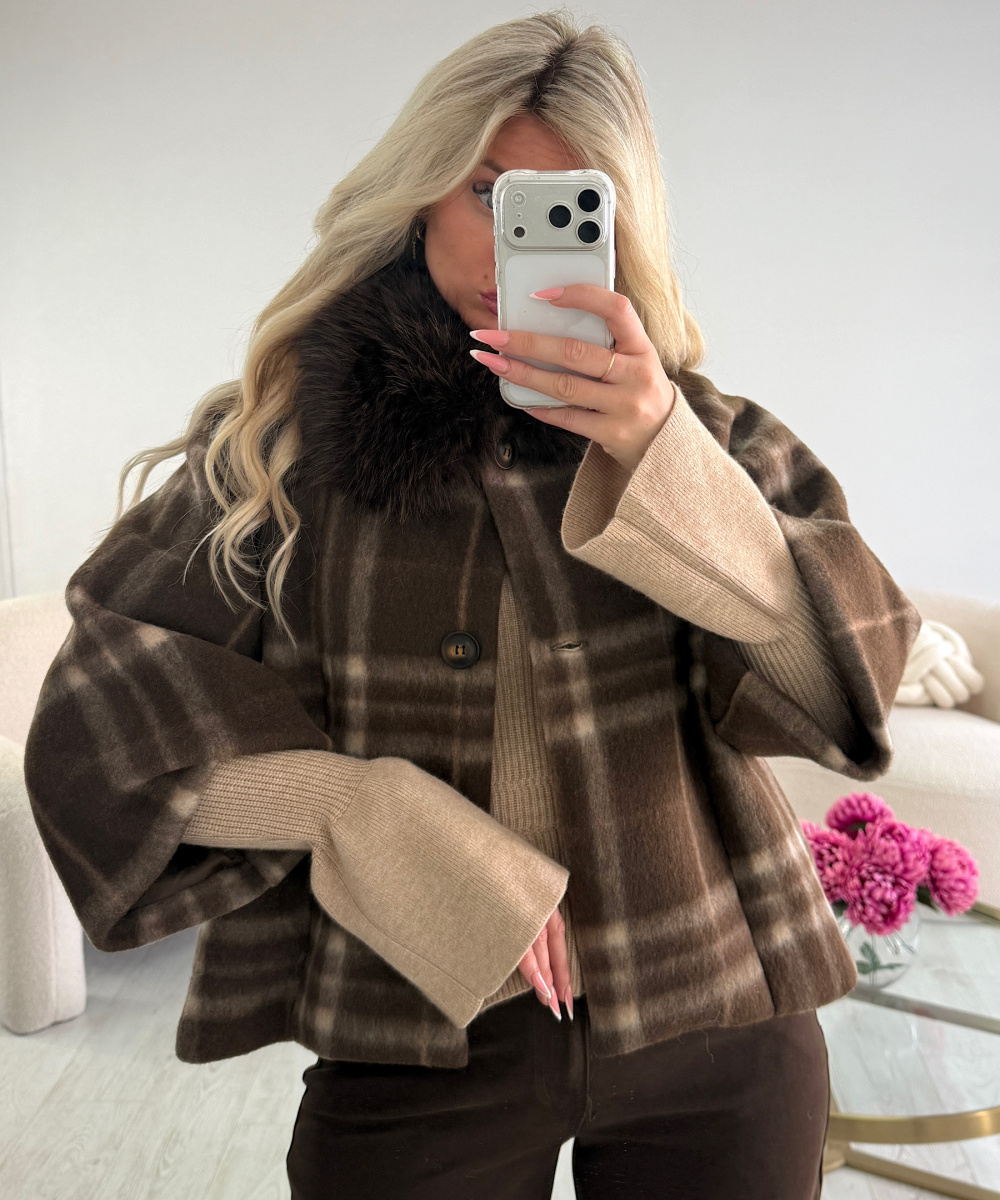 Chocolate/beige checked fur coat - DRESS DESIREE