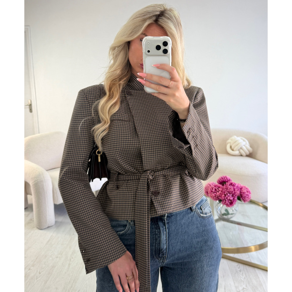 Short, fitted checked trench coat
