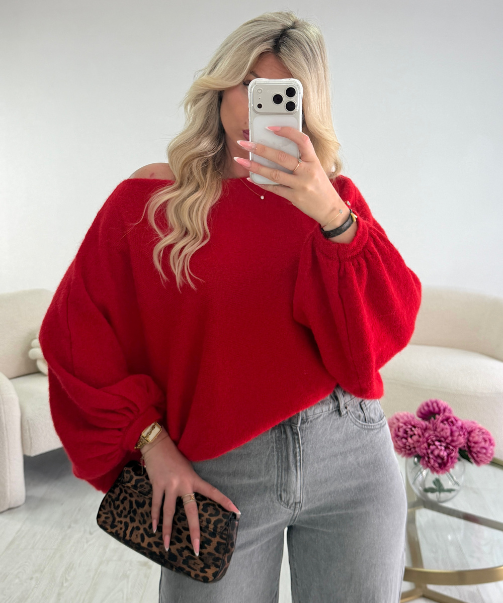 red loose balloon-sleeve jumper