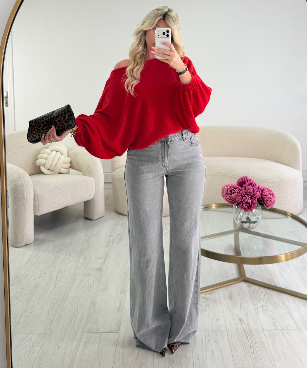 Red loose balloon-sleeve jumper - DRESS DESIREE
