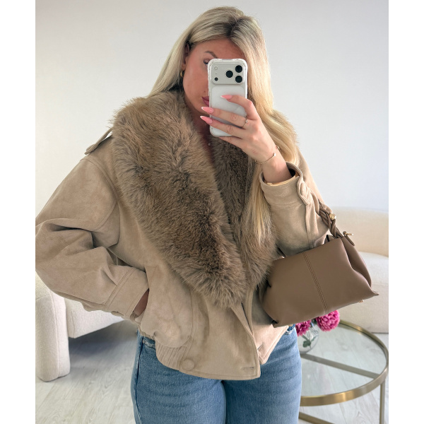 creme suede jacket with fur - DRESS DESIREE