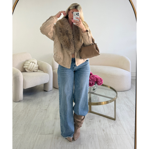 creme suede jacket with fur - DRESS DESIREE